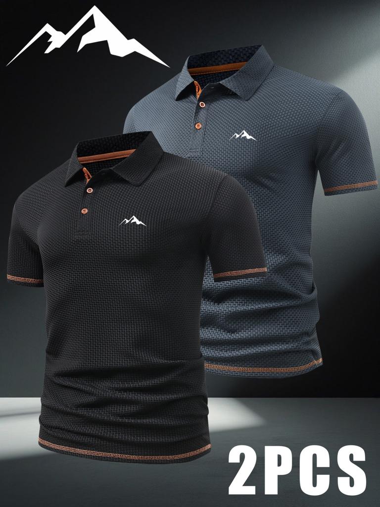 2 szt. Męskie Koszulki Polo Outdoor do Golfa z Małym Wzorem Górskim - Krótki Rękaw i Blok Kolorystyczny, Męska Koszulka Business Casual na Wiosnę i Lato