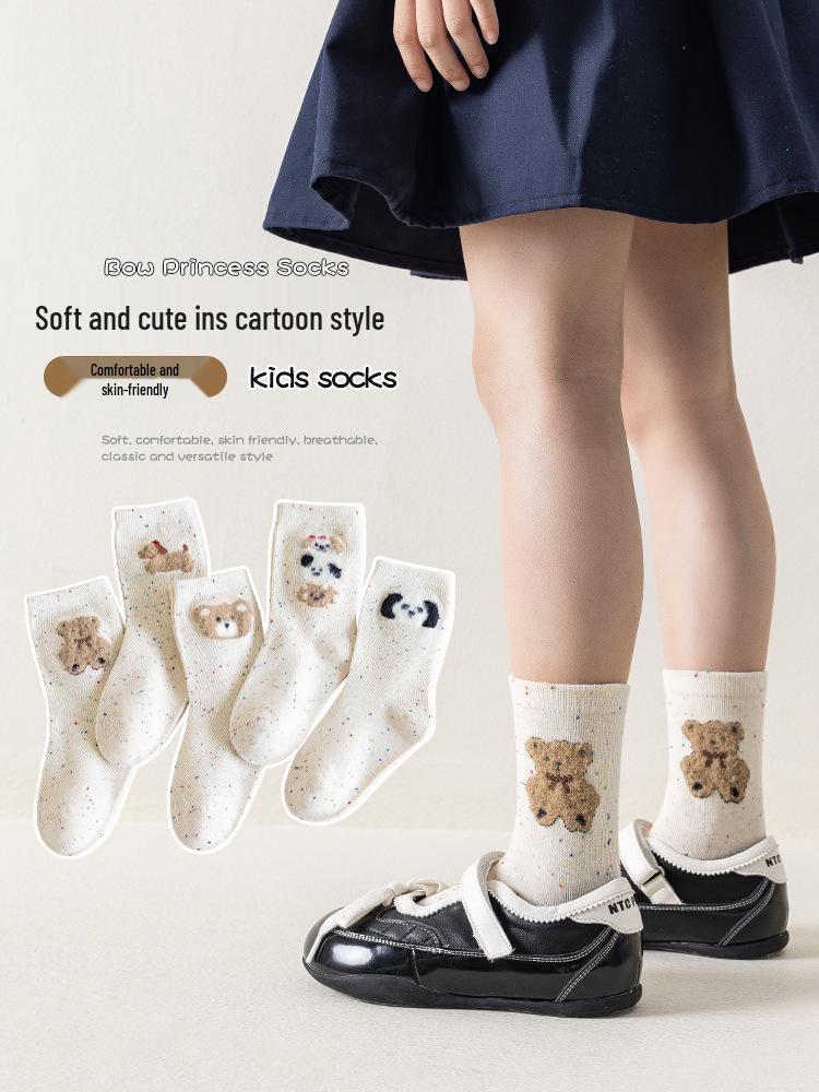 Cute Children's Mid-Calf Cotton Socks for Girls - Cartoon Bear and Dot Design for Spring, Autumn, and Winter.