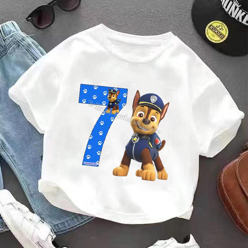 Paw Patrol Chase T-shirt for Children Birthday Figure Tee Top Boys White Clothes Cartoon Short Sleeve Kids Loose Clothing Gift