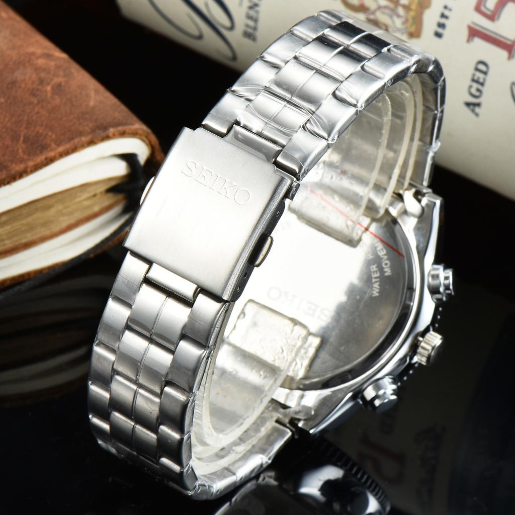 SEIKO Herren Quarz Chronograph Uhr Edelstahl / Lederarmband Tachymeterlünette Leuchtzeiger Datum Sport Business Herren Armbanduhr