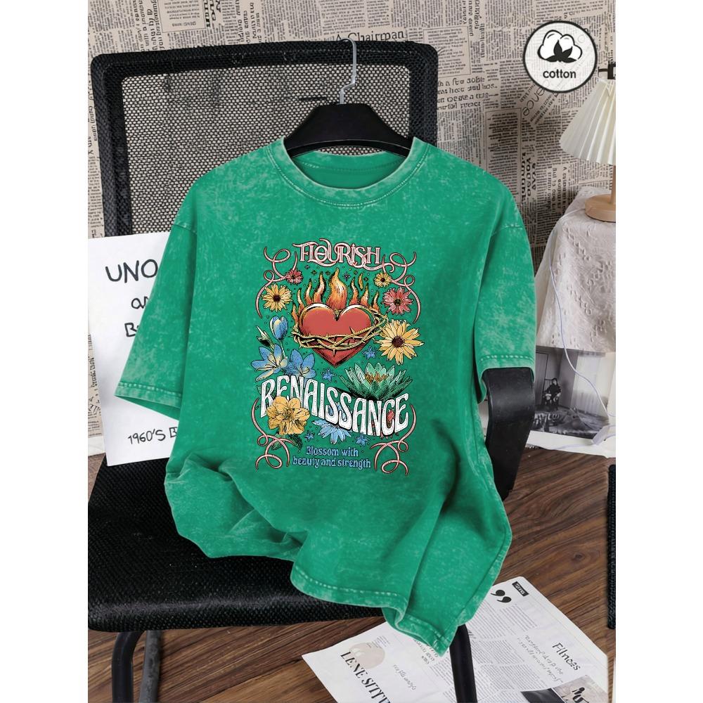 Renaissance Printing Washed T Shirts Woman Cotton Oversized T-Shirt Casual Summer Short Sleeves Y2K Womens Clothes
