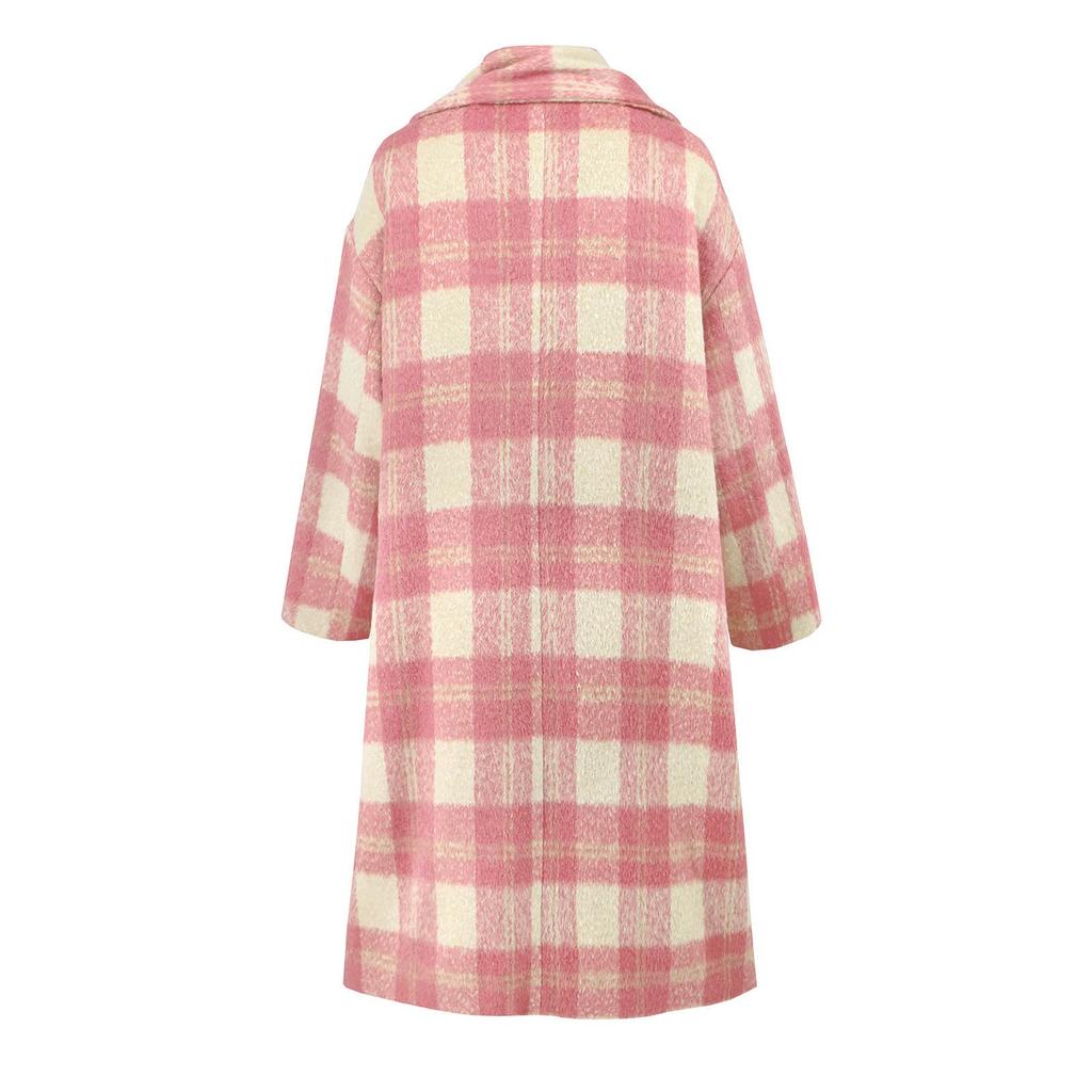 Women's Medium Long Plaid Woolen Double Breasted V-neck Scarf Jacket