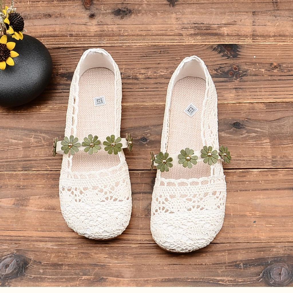 Fashion Elegant Woman Shoe Summer Air Mesh Flats Women's Breathable Mary Jane Shoes Ladies Ankle Strappy Ballet Shoes Cutout Lace Loafer