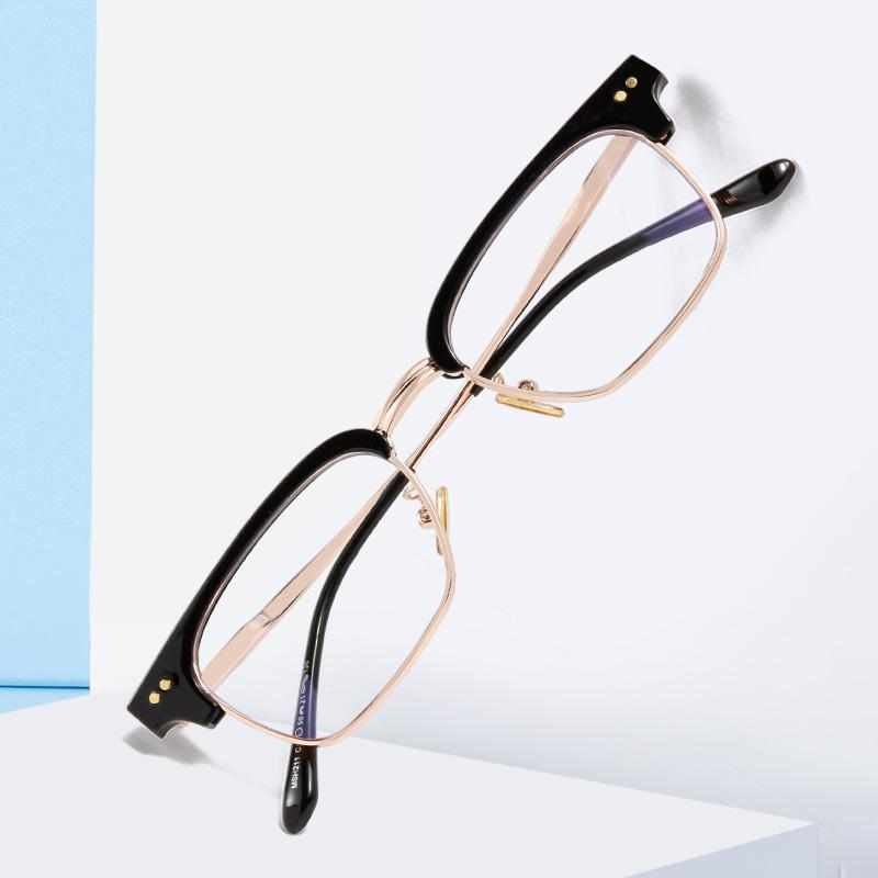Anti Blue Ray Half Rim Square Myopia Glasses Finished Metal Rice Nail Frame Student Prescription Spectacles 0 -0.5 -0.75 To -6.0