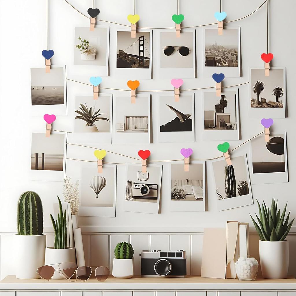 Heart Clothesp, 50 PCS Mini Colorful Clothesp Cute Wooden Clips Small Clothes Pin Photo String Hanging Photo Display with Clips for Home Party