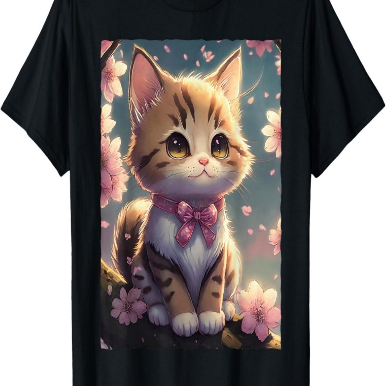 Cute Kawaii Cat with Cherry Blossom T-Shirt(3) S чёрный