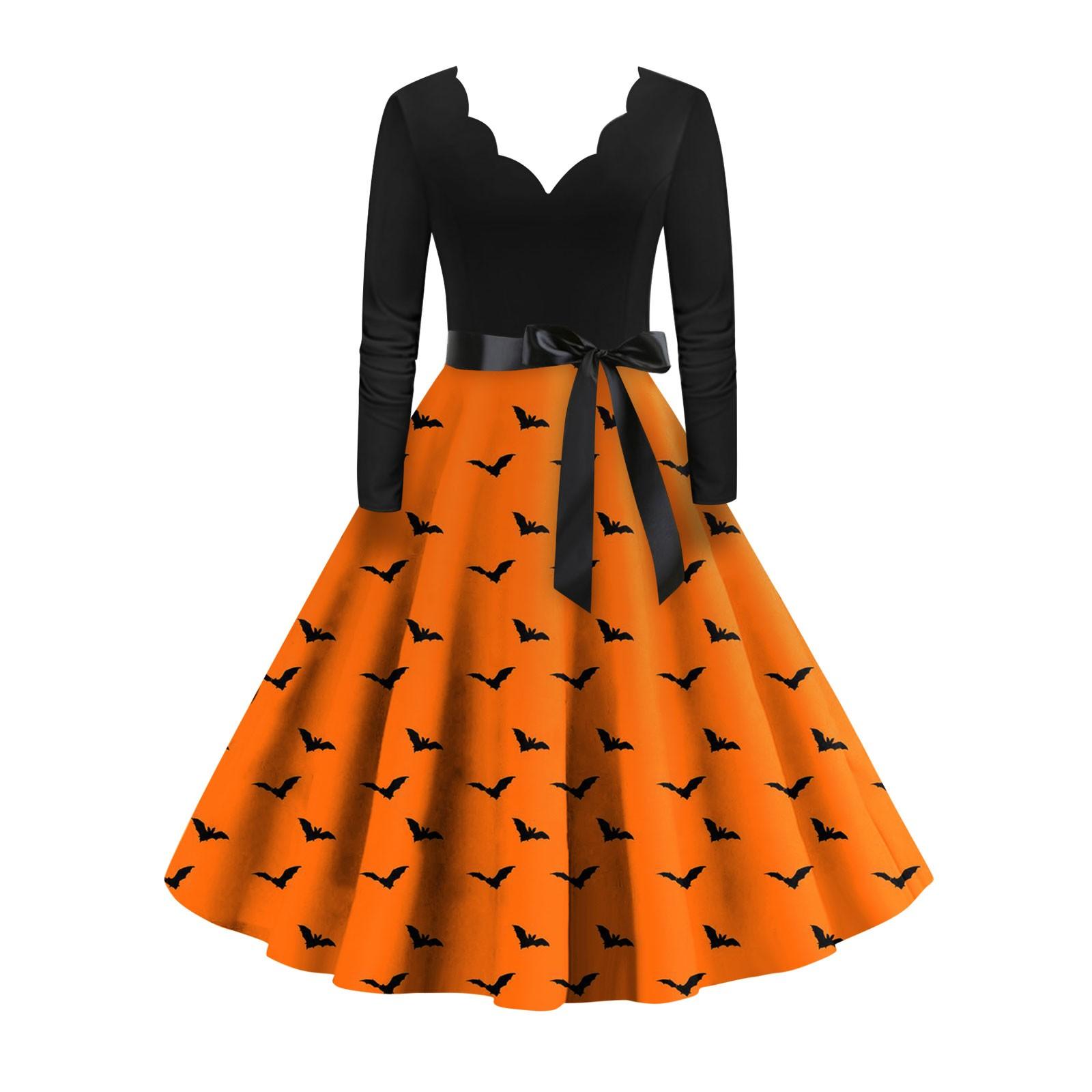 

Женское винтажное классическое платье с длинным рукавом и v-образным вырезом с принтом на Хэллоуин, свободное платье XL оранжевый