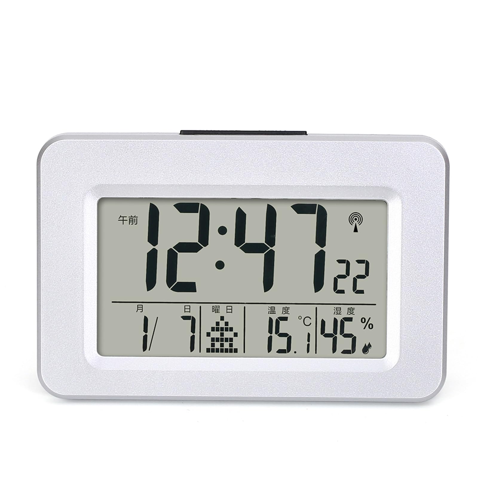 

Stylish Silver Digital Alarm Clock with Radio Control, Calendar, Comfort Level, Temperature and Humidity Display, Date Display, Wall or Table Clock
