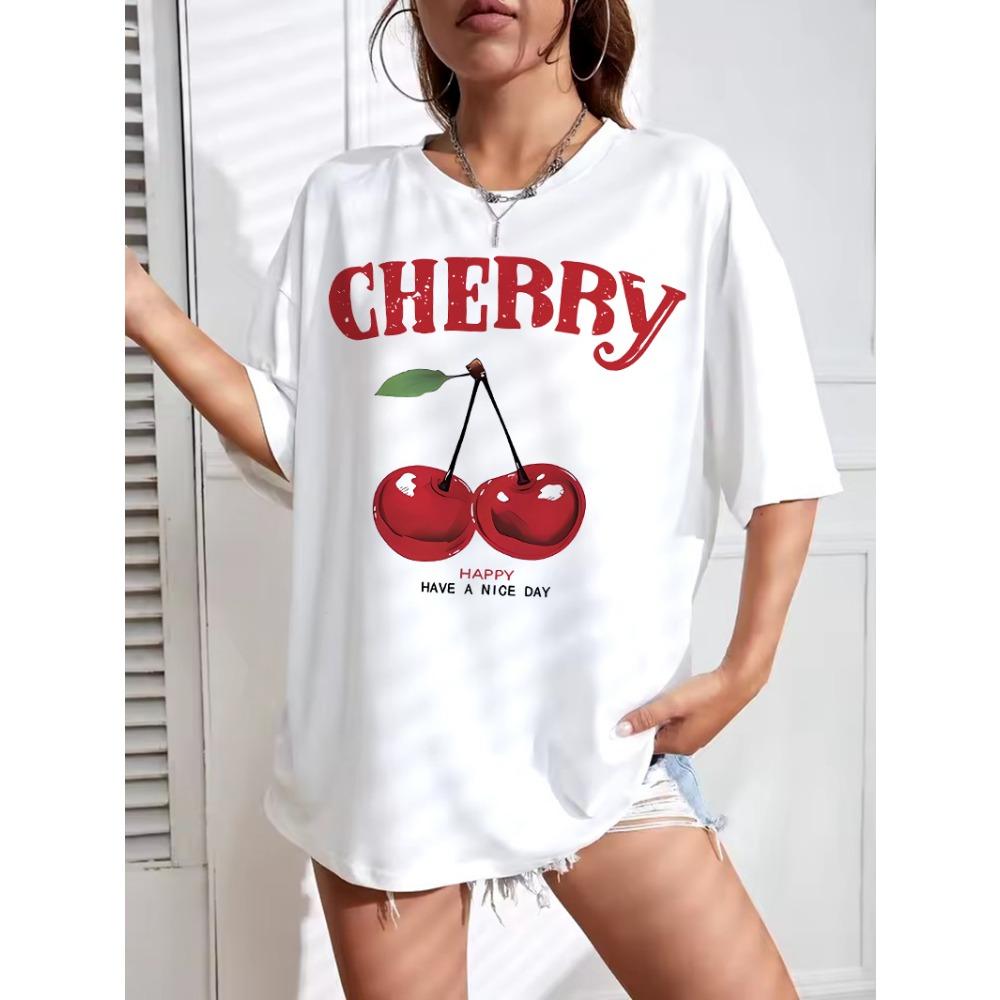 Women Loose Fashion Cherry T-Shirt Cherry Oversize O-Neck Tops Tees T Shirt Short Sleeve Clothing Female Casual M