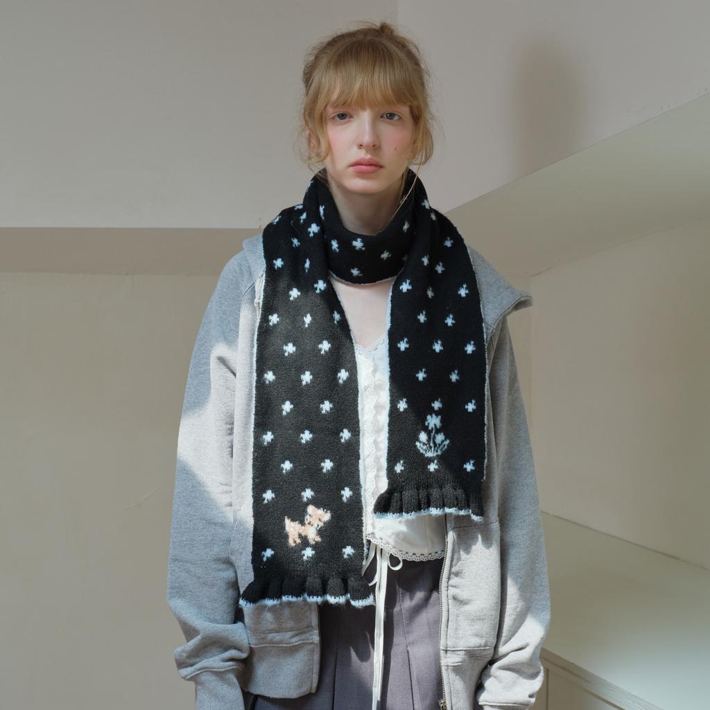 Korean Designer Wool Blended Cartoon Deer Jacquard Knitted Scarf for Women Winter Girly Lace Scarf