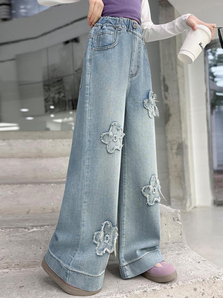 Girls' Embroidered Wide-Leg Denim Pants - Spring & Fall 2026 Junior High Style