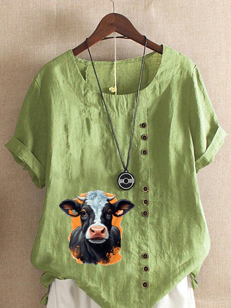 

Women s Fashion Highland Cattle Print Casual Cotton Linen Short Sleeve Round Neck T-shirt Shirt Leisure Loose Summer Blouse Tops 5XL зелений