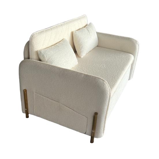 Divano Letto Convertibile 3 in 1, Divanetto Sleeper in Bouclé con Letto Estraibile e Cassetto, Divano Letto con Tasche Laterali, 2 Cuscini, Porte USB e Dorato