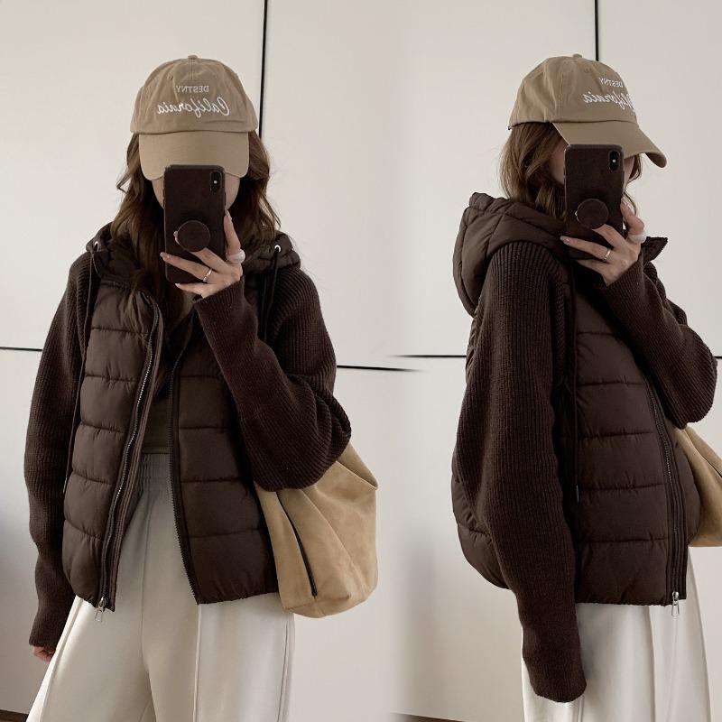 Light and thin knitted splicing cotton-padded clothes women's short hooded winter new Korean version cotton-padded clothes and cotton-padded jackets