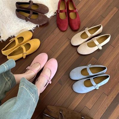 Version coréenne de chaussures à tête ronde et à bouche légère, chaussures de ballet en daim, nouvelles chaussures de soirée plates Mary Jane printemps 2025