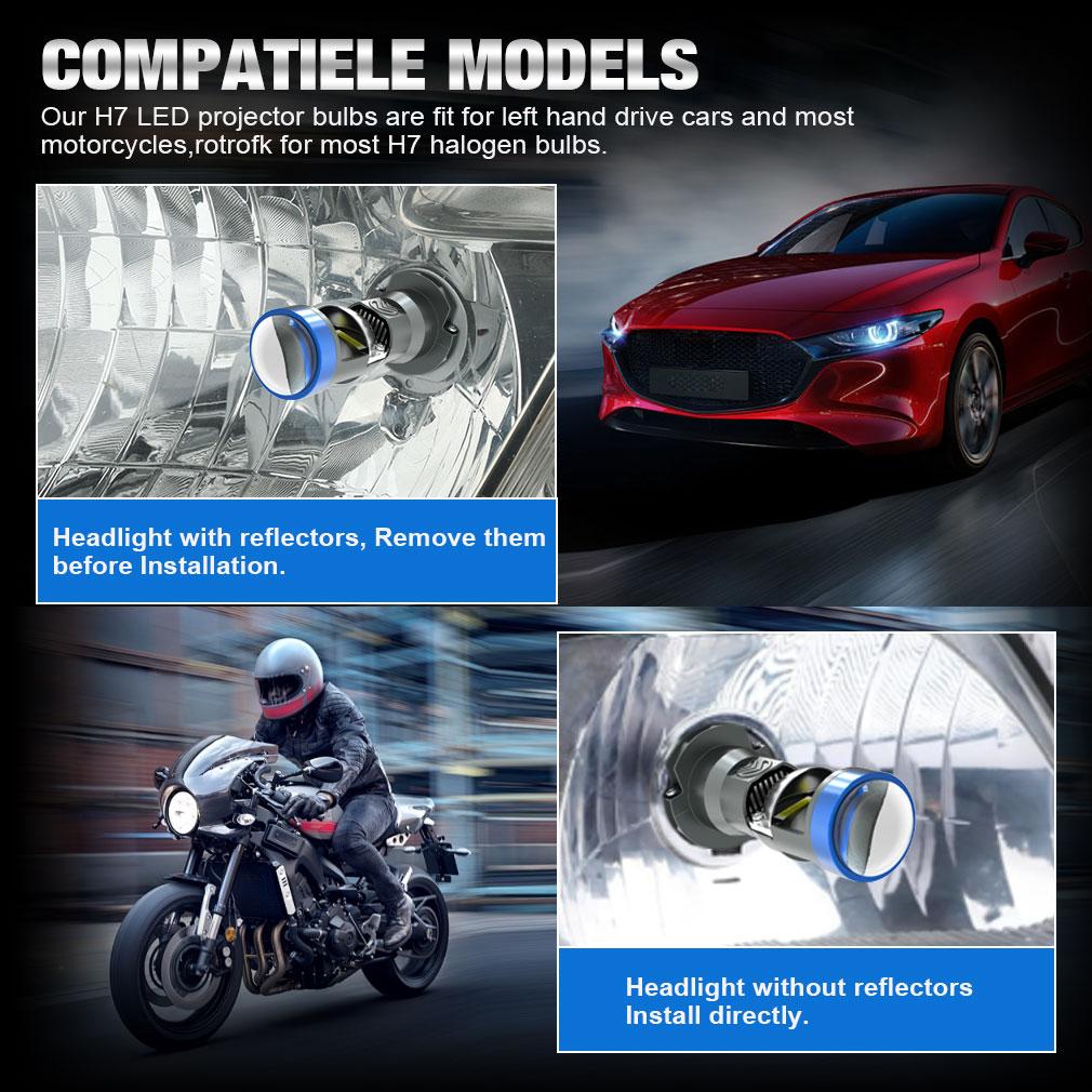 2 Stück H7 LED-Projektorlinsen-Scheinwerferlampen 1:1 LED-Projektor, kabelloses Mini-Objektiv, 20000 lm, 50 W, Auto-Plug & Play, Turbo-Lampe, 6000 K, Weiß, LHD