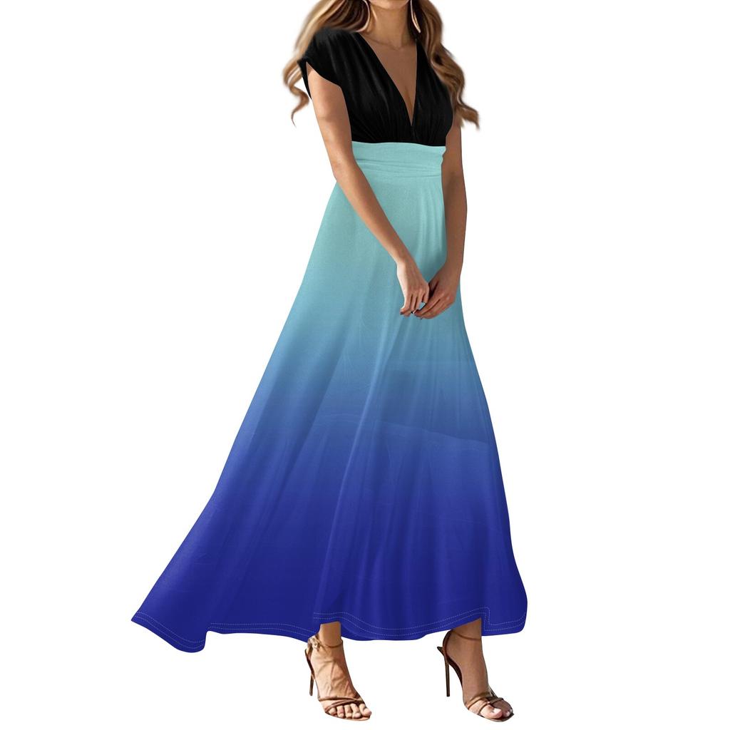 Damen Sommer Casual Mode Gradient Bedruckte Kleider V-Ausschnitt Kurzarmkleider