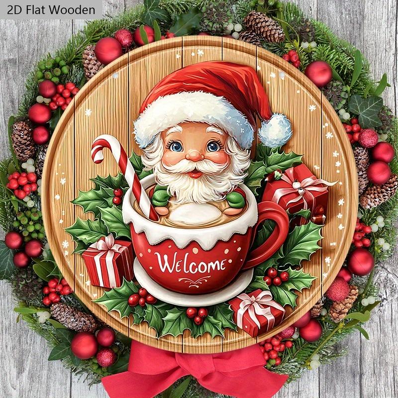 Świąteczny drewniany znak z gorącą czekoladą i wzorem Świętego Mikołaja - Powitalny znak Navidad na drzwi wejściowe, dekoracja do zawieszenia na ścianie - Idealna ozdoba świąteczna