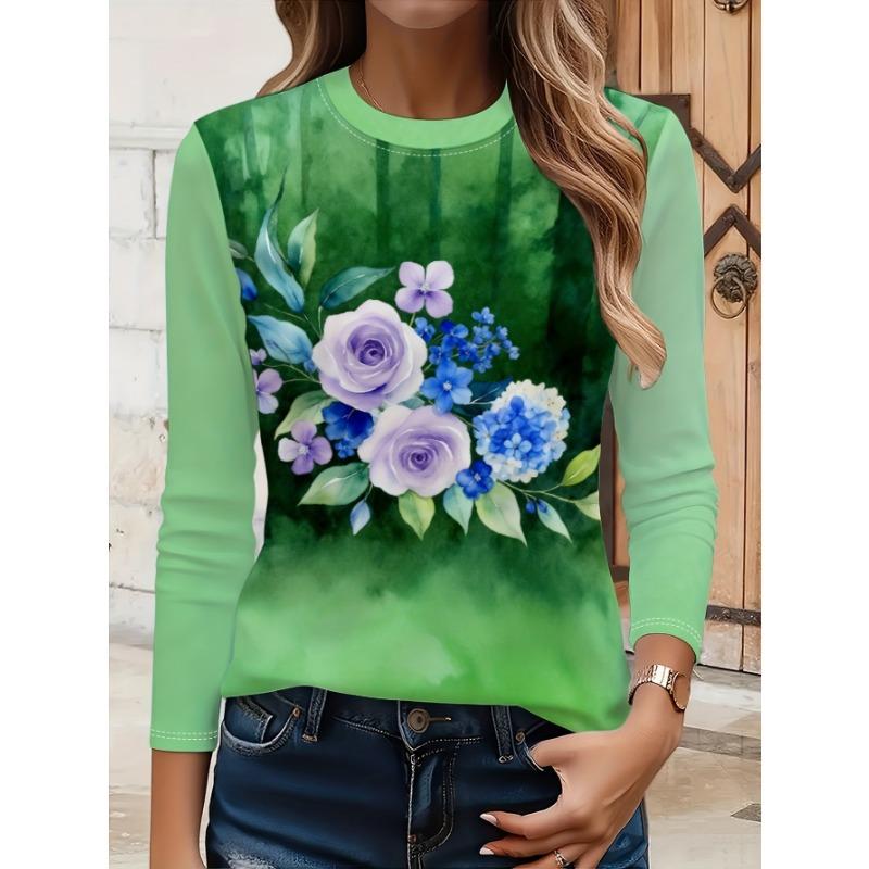 Women's Full-Body Print T-Shirt - Long Sleeve Crew Neck Blouse Suitable for Spring/Autumn