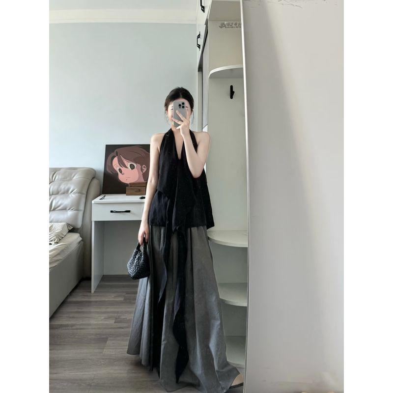 Kumikumi French Style Temperament Hanging Neck Ribbon Vest Top Women Clothes Summer Slimming Skirt Long Dress Two-piece Set