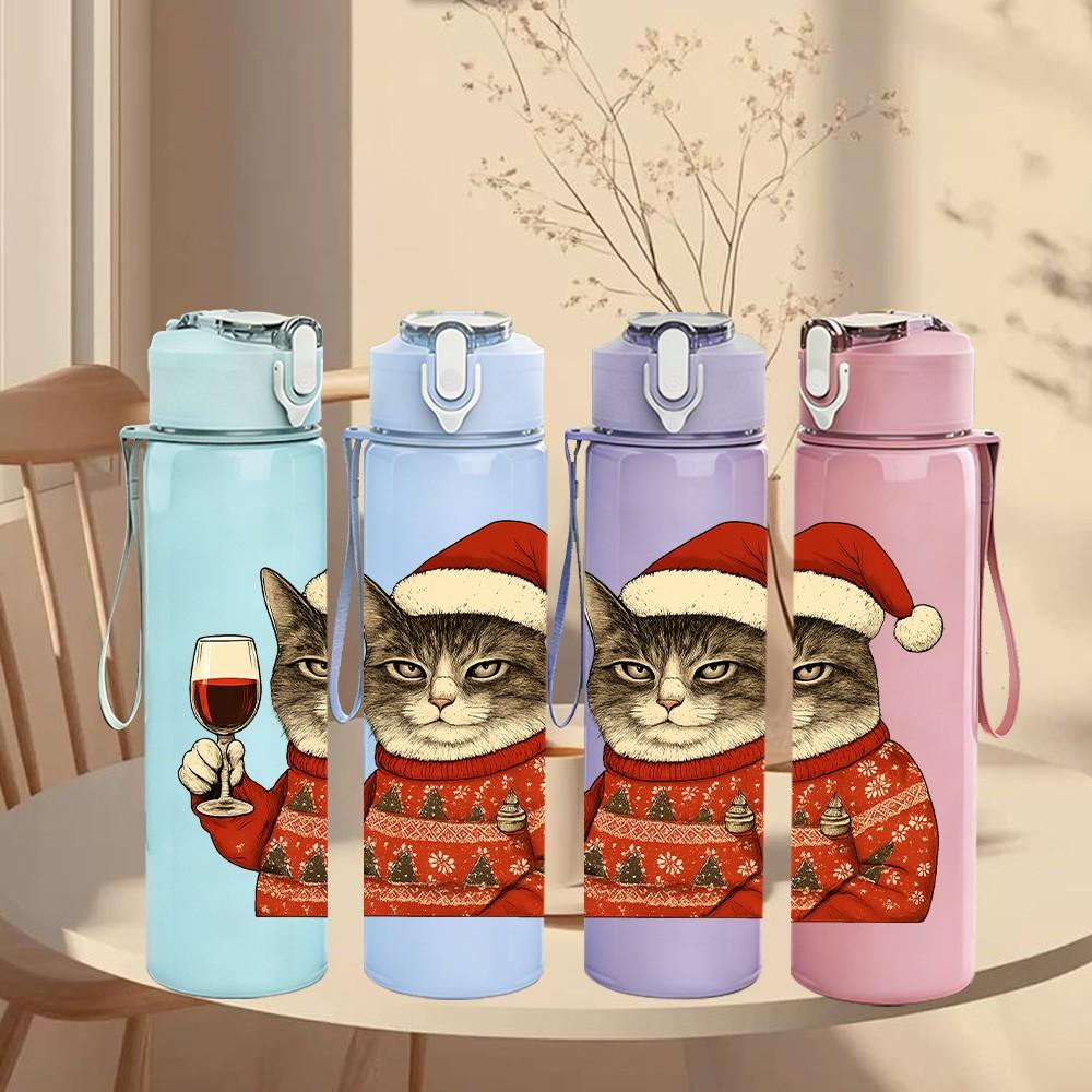 1PC Wine Drinking Santa Cat 750ml Color Plastic Sports Water Bottle Leakproof Flip Straw Lid Suitable for Sports Office Home Use