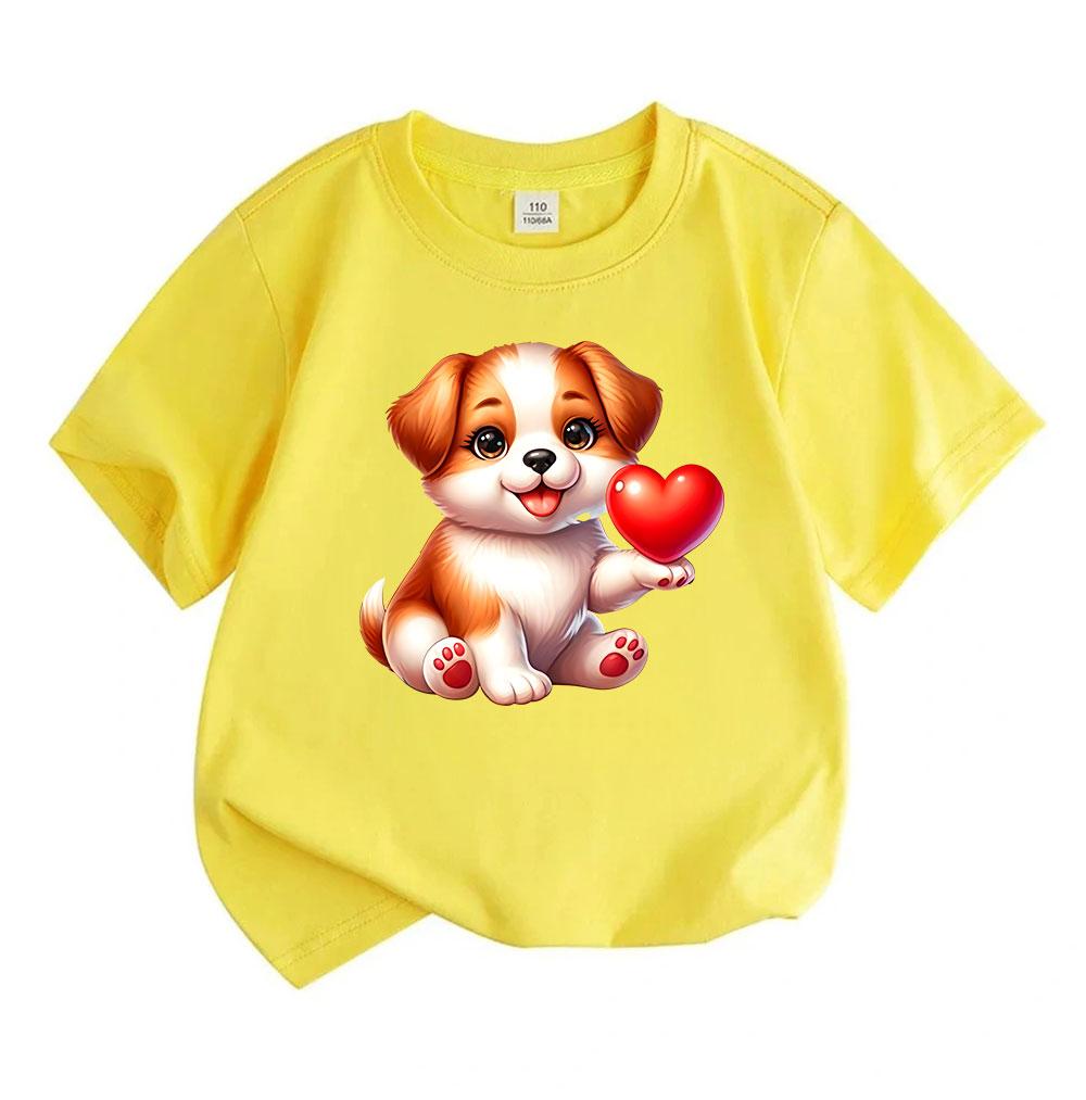 Kids Boys Girls 100% Cotton Crew Neck Short Sleeve T-Shirt, Cute Cartoon Puppy Hold Red Heart Print Soft Casual Tees for Children Summer Daily Wear To
