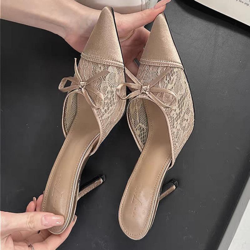 

Мода Бант Сетка Кружево Высокие Каблуки Тапочки Острый Носок Женские Сандалии Мюли Обувь 2025 Новый Летний Тренд Платье Туфли-Лодочки Сексуальные Сандалии Женские 40 светло-коричневого