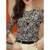Women's Elegant Allover Floral Print Crew Neck T-Shirt Semi Sheer High Elasticity Short Sleeve Top  Breathable Machinet for Spring & Summer