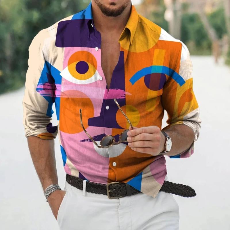 Fashion Long Sleeve Lapel Button Up Plus Size Shirt Men 3d Print Blouse