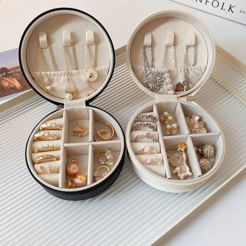 Portable Round Jewelry Box Necklace and Earring Storage Case Travel Jewelry Case PU Leather Display Box