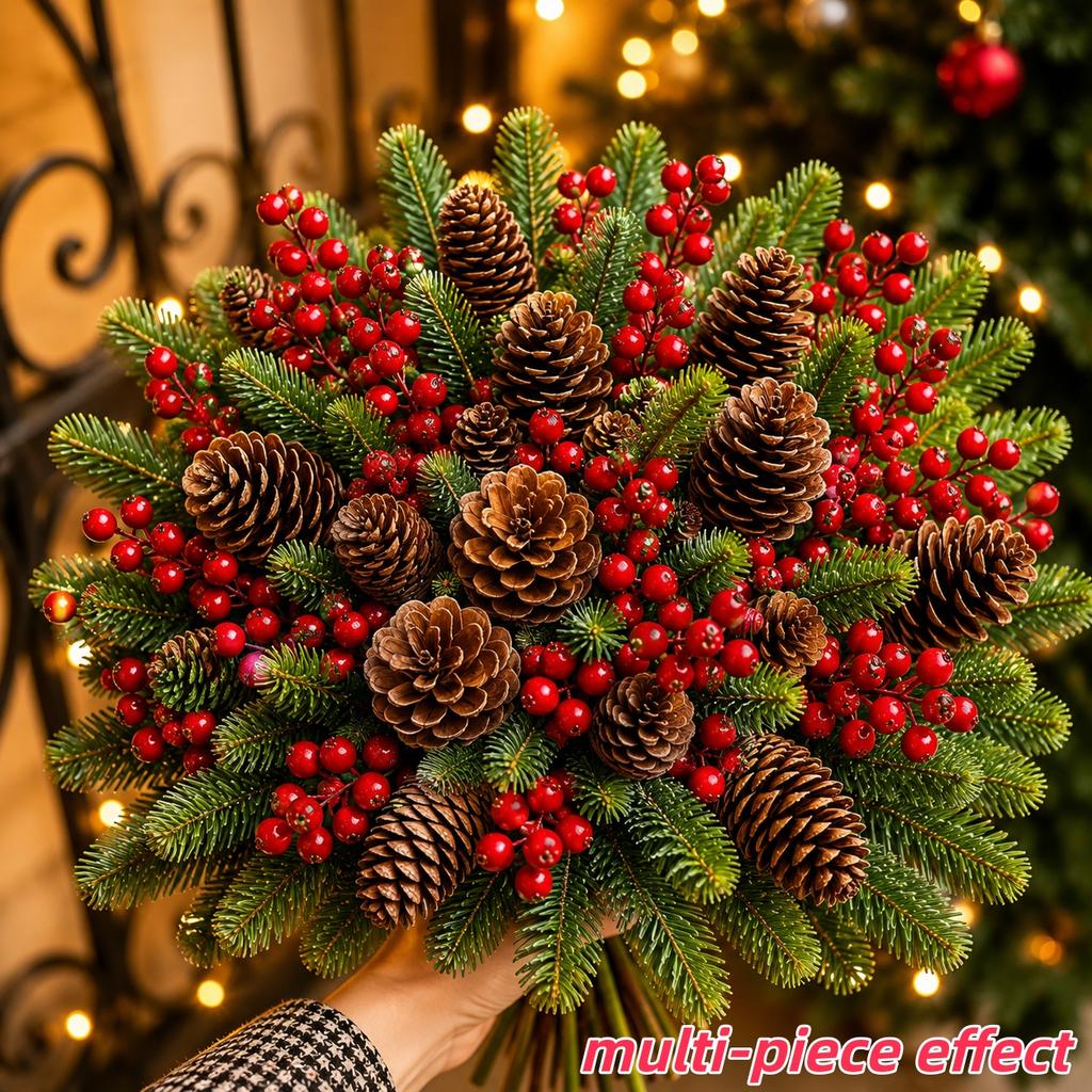 64 Pcs 32 Sets Christmas Artificial Floral Bouquet with Red Berries Pinecones and Pine Branches for Indoor Outdoor Decorations