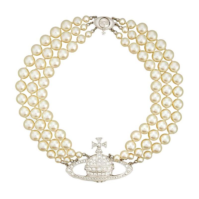 VIVIENNE WESTWOOD Three-row Bas-relief Brass Crystal Necklace for Women Silver 6303000702P127P127
