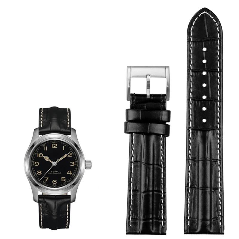 For Hamilton Genuine Leather WatchBand Khaki H7060573 Cowhide Bracelet Crocodile Skin Texture Strap 20mm 22mm Men's Black Brown