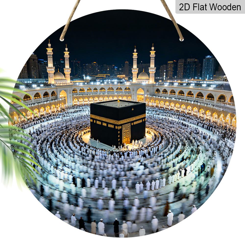 2D Flat 1pc Kaaba Mecca Mosque Round Wooden Hanging Ornament, Islamic Pilgrimage Decor with Masjid Al-Haram Night Scene Print, Religious Wall Sign 20cm