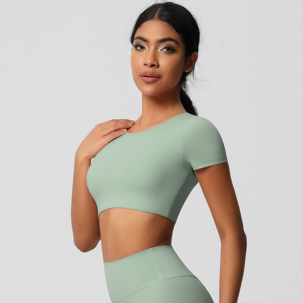 New Nude High-Strength Tight Yoga Short Sleeved Brushed Sports Top With Chest Cushion, Quick Drying Running And Fitness Top For Women