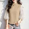 ZANZEA Damen durchsichtiges Netz-Patchwork 3/4-Ärmel Freizeitbluse