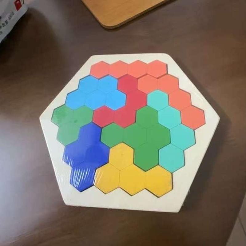 Honeycomb Hexagon Tangram Wooden Geometric Puzzles Challenge Brain Teaser IQ Logic Training Kids Montessori Edcuational Toys