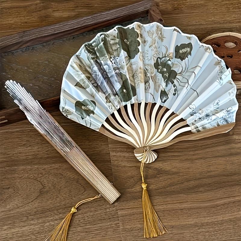 1pc Elegant Vintage Chinese Ink Wash Folding Fan with Floral Design & Tassel - Portable Handcrafted Dance Accessory for Women/Men