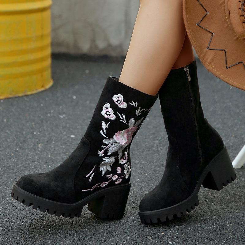 Embroidered Platform Block Heel Single Boots Autumn New Round Toe Suede Non-Slip Wear-Resistant Side Zip Mid-Tube Boots