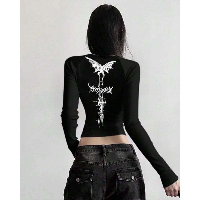 

2KWEIRD Винтажные расклешенные топы-корсеты с длинным рукавом для женщин, эстетичные футболки с гранж-принтом, готические футболки с круглым вырезом, топы Y2K, футболки для улицы XS чёрный