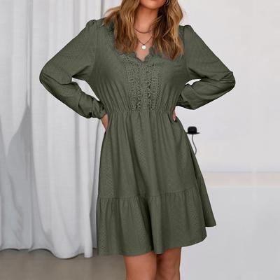 Women's Fashion Dress Elegant Lace Hollow Embroidery V-neck Long Sleeve Casual A-line Dress
