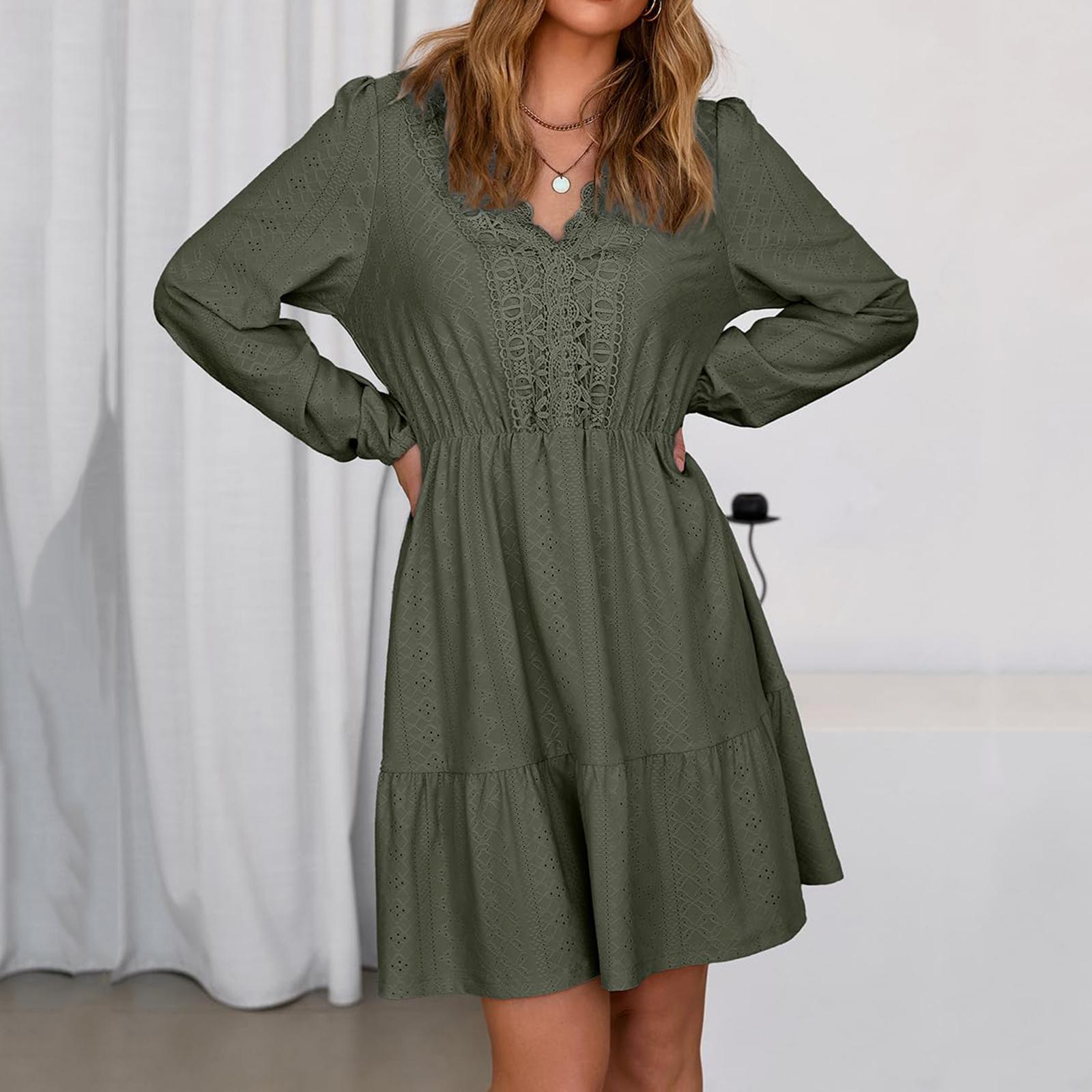 

Women s Fashion Dress Elegant Lace Hollow Embroidery V-neck Long Sleeve Casual A-line Dress S