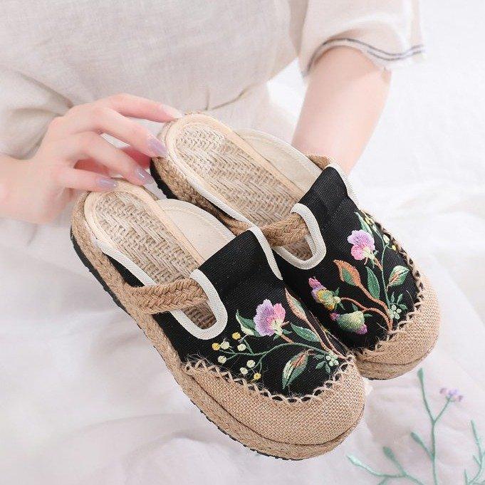 

Handmade embroidered slippers summer new lazy one-pedal soft-soled linen breathable old Beijing cloth shoes 35 чорний