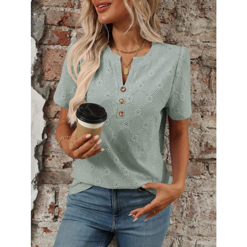 Ny sommer topp med rund hals og korte ermer med blomsterjacquard og knapper for kvinner