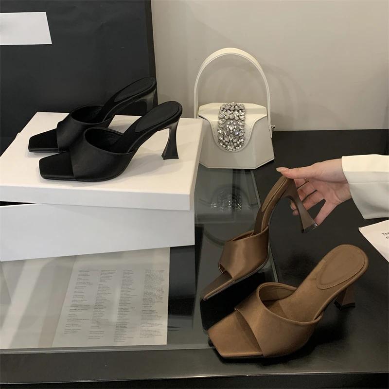 Fashion Fashion Satin Square Toe Women Slippers Concise Thin High Heels Banquet Sandals Female Shoes
