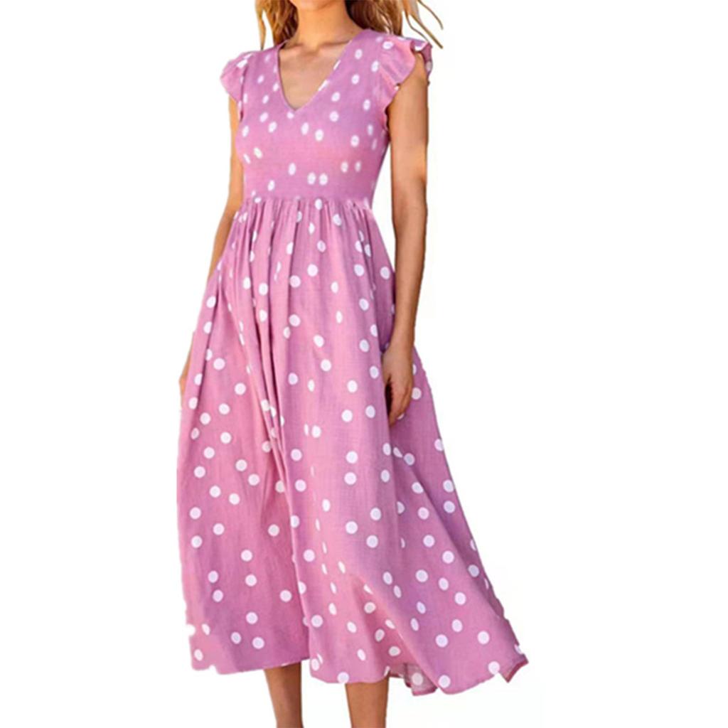 Moda Donna Primavera Estate Scollo a V Vita Orlo Ampio Abito Stampa a Pois
