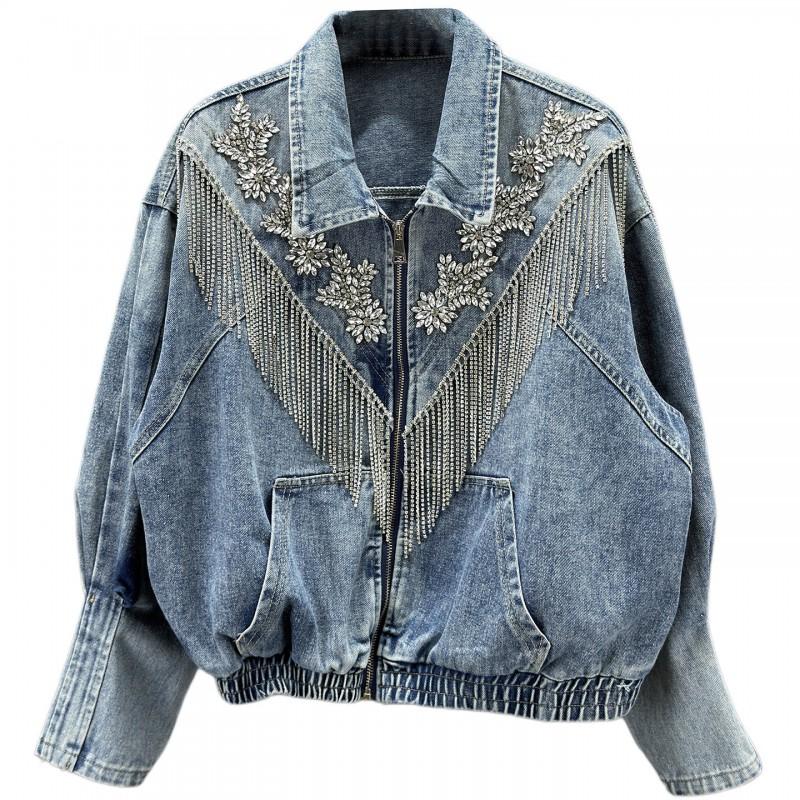 Womens Denim Jacket Rhinestone Tassel 2026 Loose Fit Vintage Distressed Zip Up Streetwear
