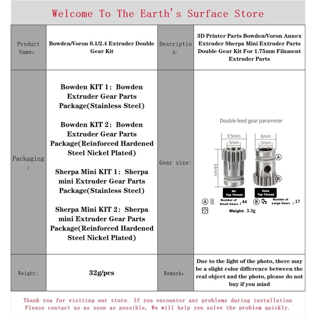 3D-Druckerteile Bowden Voron 0.1 2.4 Extruder Doppelgetriebe-Kit Annex Extruder Sherpa Mini Extruderteile Untersetzungsmechanismus