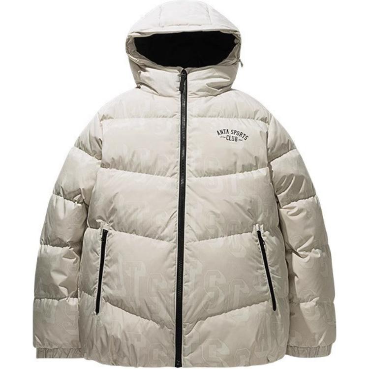 Anta Comfortable Casual Simple Loose Hooded Zipper Letter Print Down Jacket Men Outerwear Wood-Color 152448904N-1