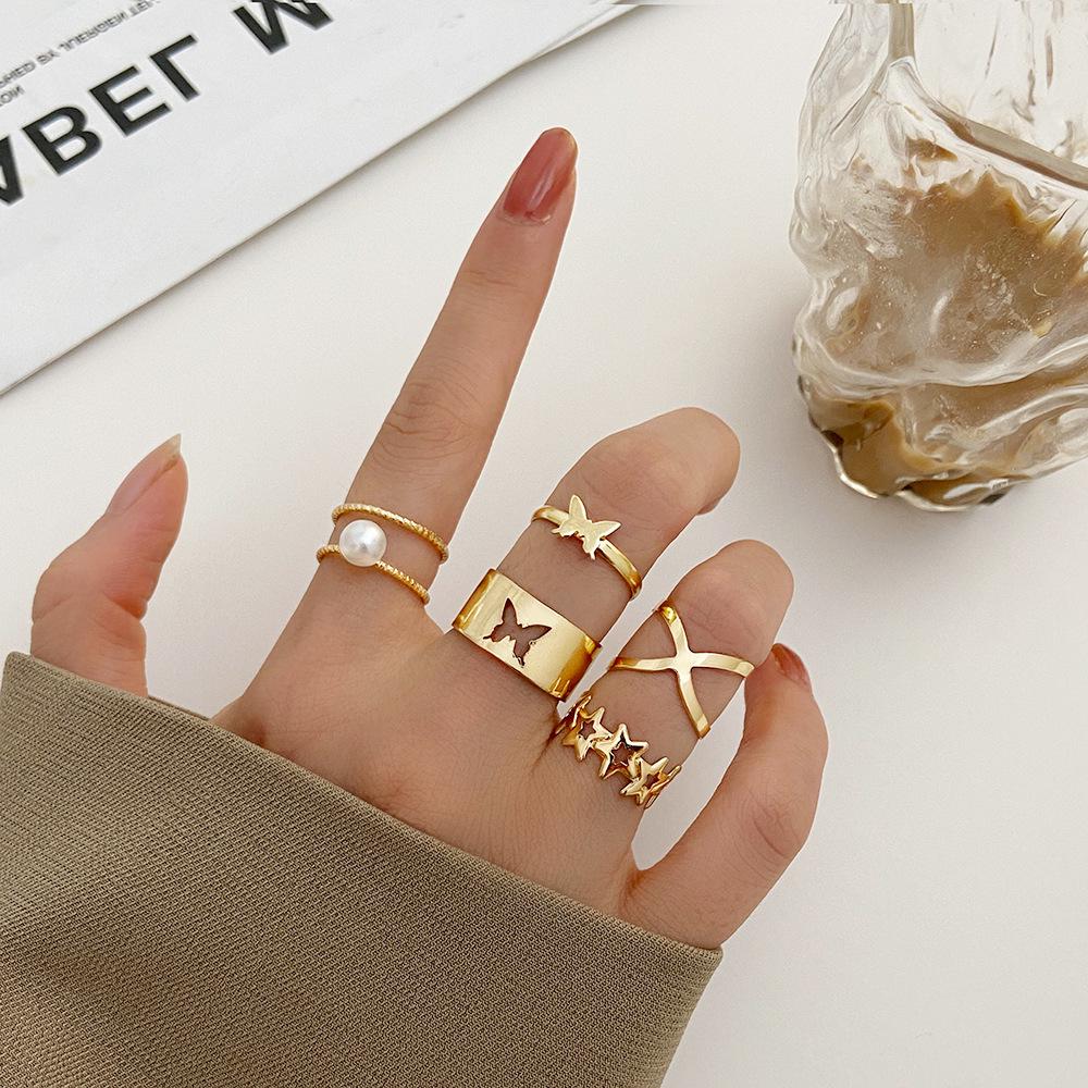 Bohemian 5-Piece Star, Moon, Butterfly Rings Set with Full Diamond Inlays - European & American Style